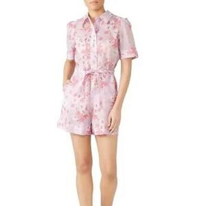 By TiMo Feminine Barbie Romper Floral Collard Short Sleeve Pink Size S